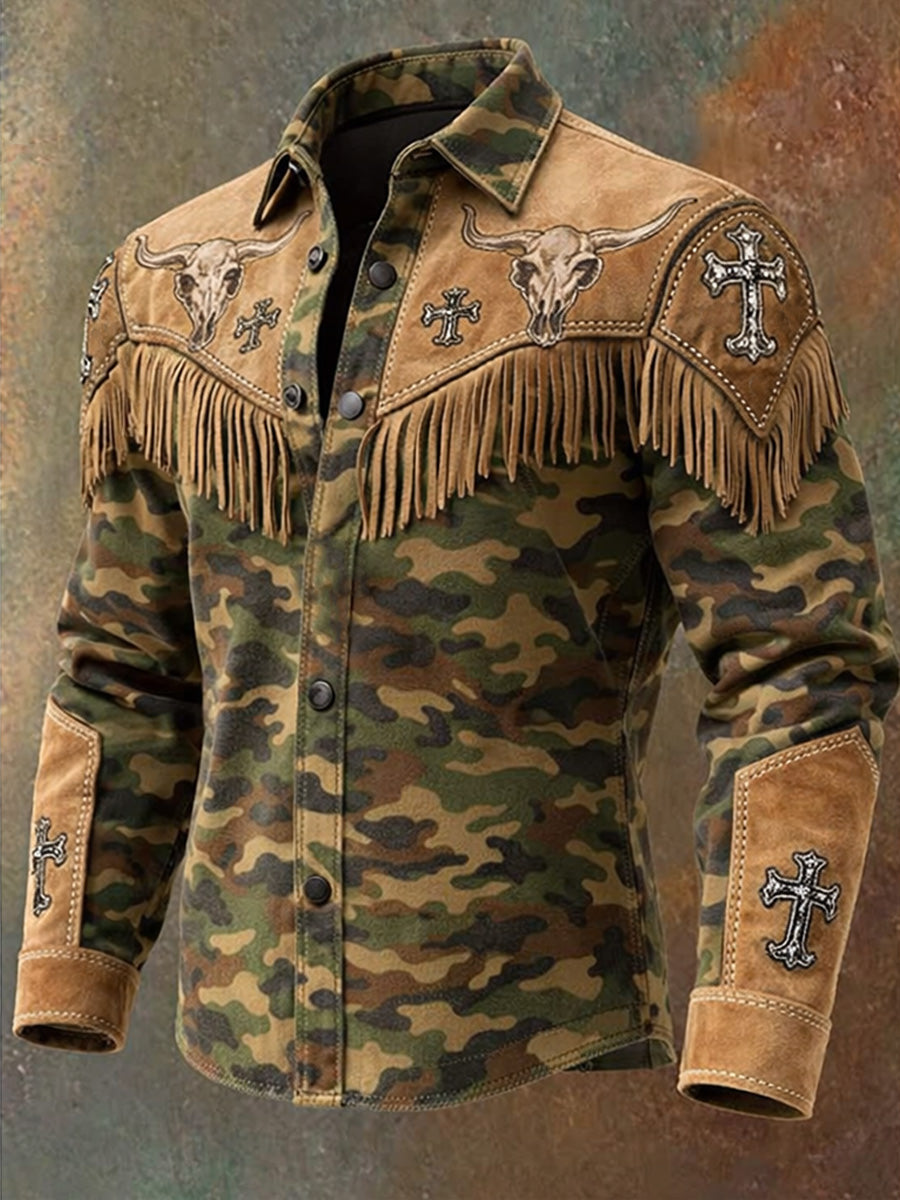 Men's Retro Western Style Art Print Vintage Tassel Casual Long Sleeve Shirt